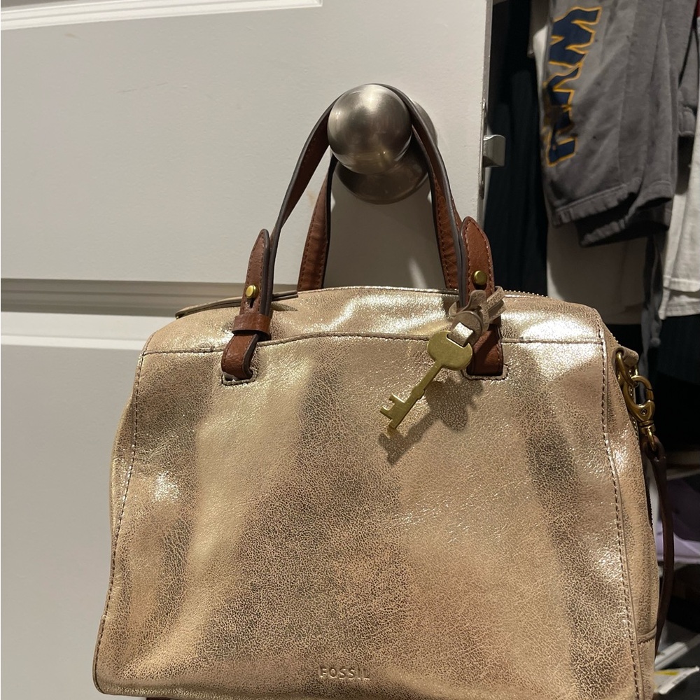 Fossil Metallic Gold Leather Satchel with Brown Handles